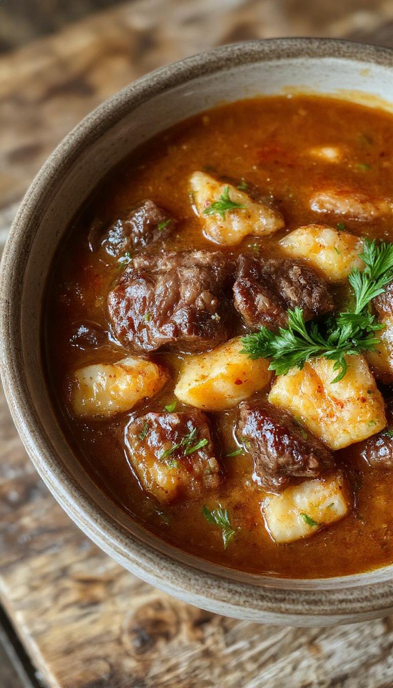 A rustic bowl of hearty beef stew filled with tender chunks of beef, chopped carrots, potatoes, and celery in a rich brown gravy, garnished with fresh herbs. The stew is served on a wooden table with a crusty bread slice on the side, steam gently rising highlighting its warmth and comforting appeal.