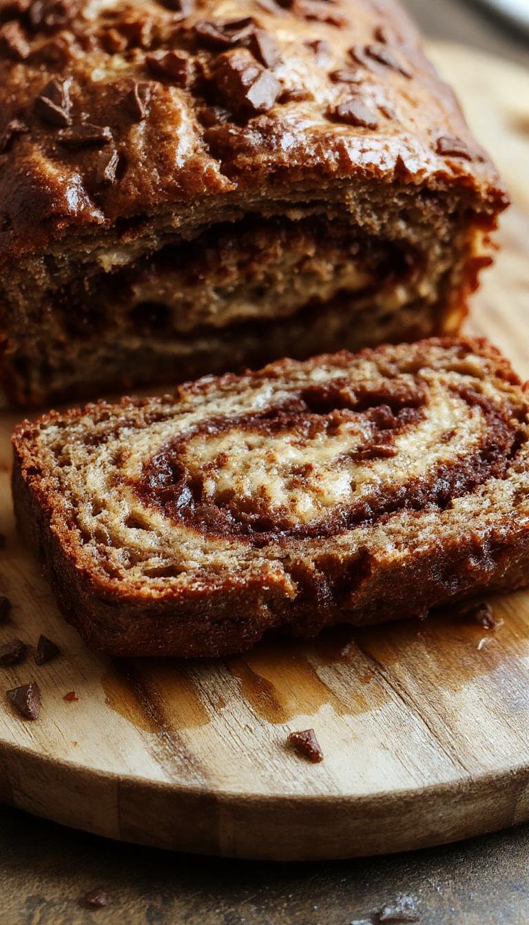 A freshly baked cinnamon swirl banana bread sliced to reveal a moist interior with a rich cinnamon swirl running through the center, topped with a light dusting of powdered sugar. The bread rests on a rustic wooden platter, surrounded by ripe bananas and cinnamon sticks, with warm natural lighting highlighting the golden crust and inviting textures.