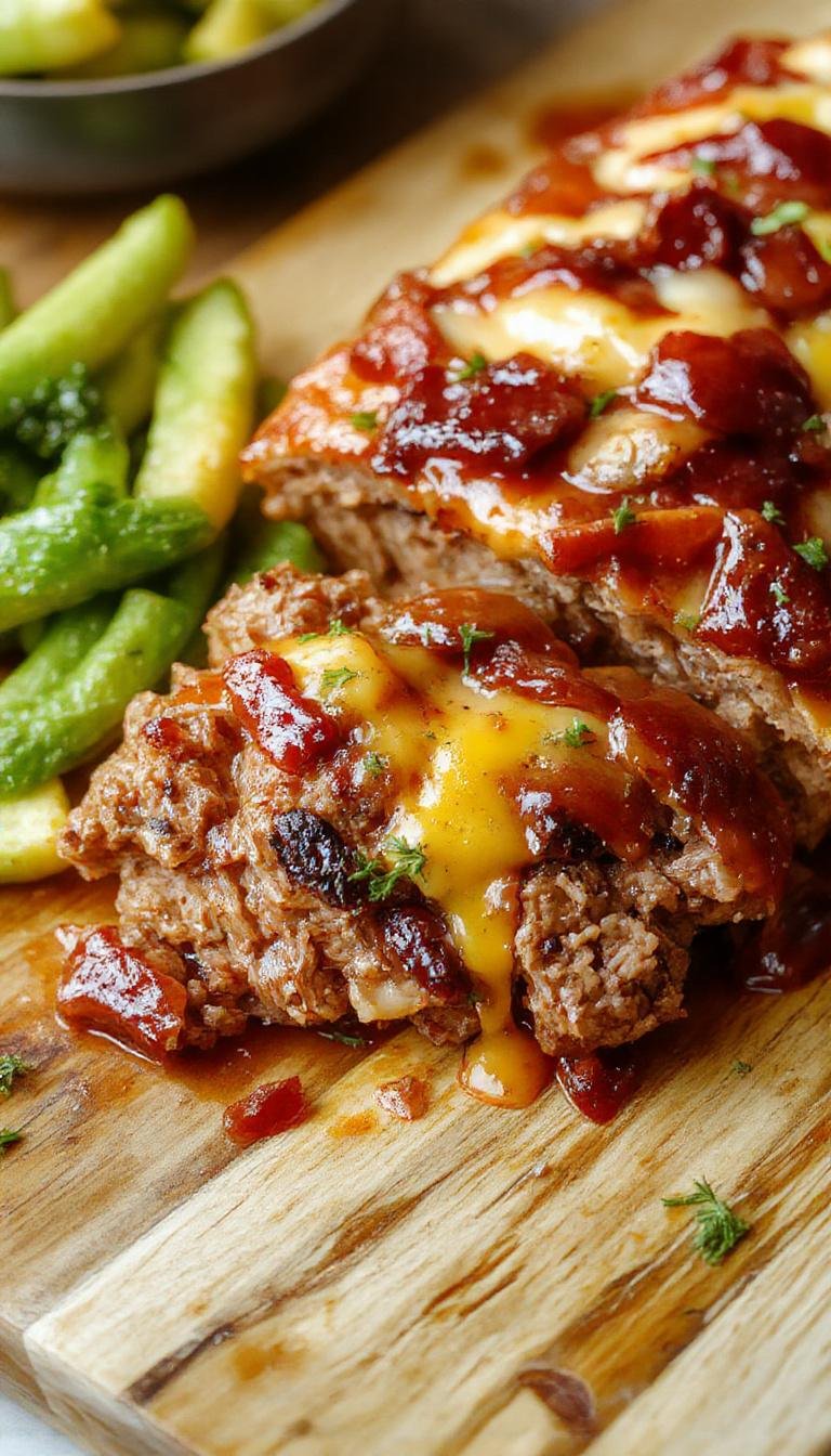 A hearty slice of BBQ Bacon Cheddar Meatloaf on a rustic wooden plate, showcasing a glistening, caramelized glaze on top, crispy bacon bits, melted cheddar cheese oozing from the slice, and a side of fresh green herbs. The meatloaf has a well-balanced crust with a juicy, tender interior visible within the cut.