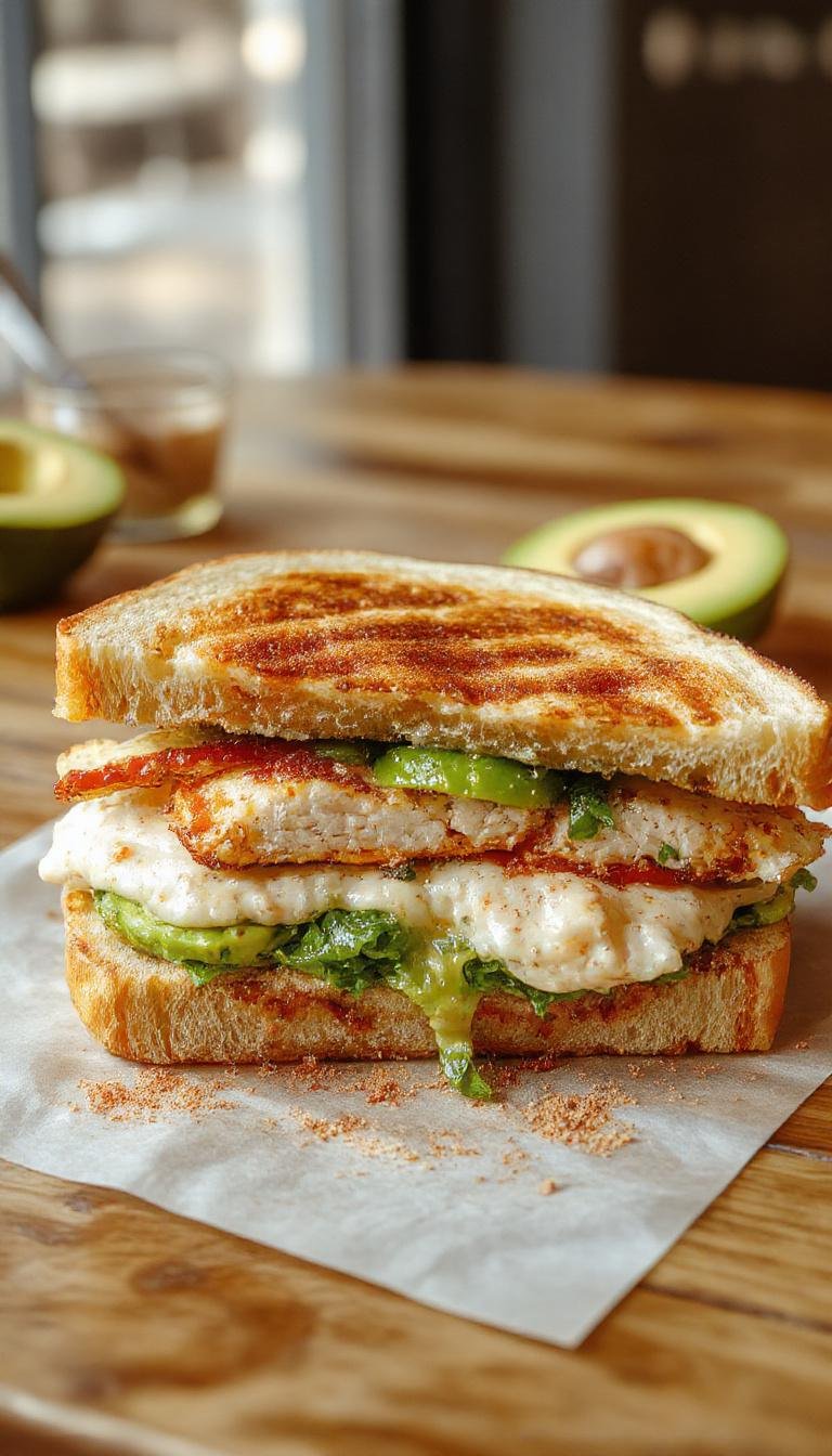 A close-up of a toasted sandwich filled with creamy avocado slices, tender grilled chicken, melted cheese, and fresh greens, presented on a rustic wooden board. The bread is golden brown with grill marks, and the filling is visibly oozing slightly, showcasing a vibrant green and cheesy texture.