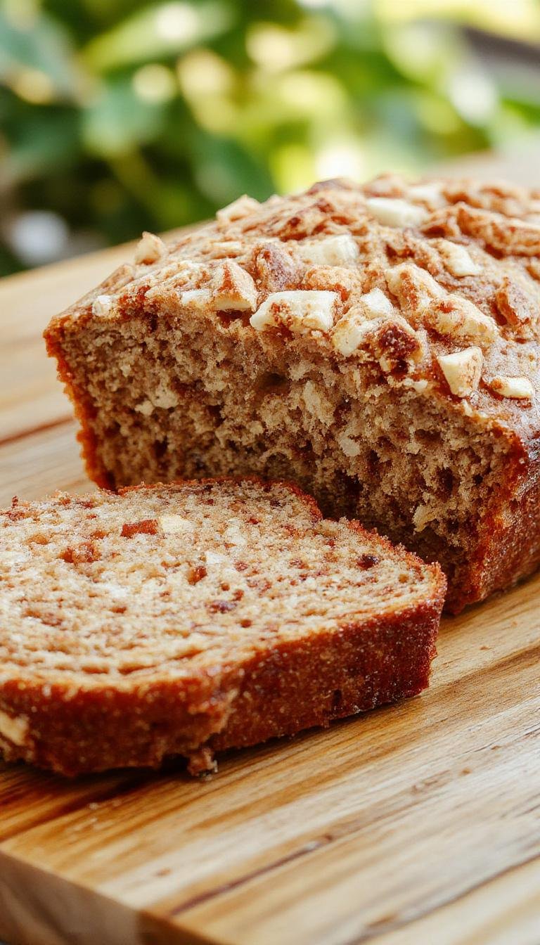 A slices of golden-brown cinnamon crunch banana bread arranged on a rustic wooden platter. The bread features a hearty crust topped with cinnamon sugar crunch and visible banana chunks inside. The slices are slightly toasted with a textured, crispy topping that contrasts with the soft, moist interior. A few banana slices and cinnamon sticks are artfully placed alongside for visual appeal.