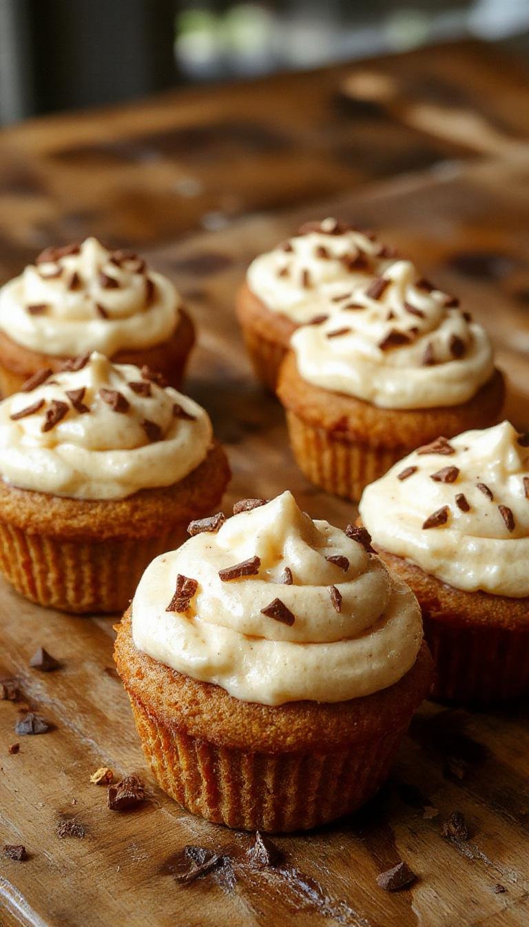 A pair of moist, orange-hued pumpkin cupcakes topped with swirls of creamy white frosting and sprinkled with tiny orange candied peels. The cupcakes are set on a rustic wooden plate, with a cozy, autumn-themed background featuring scattered cinnamon sticks and miniature pumpkins. The frosting has a fluffy, smooth texture, contrasting with the slightly crumbly cupcake base.