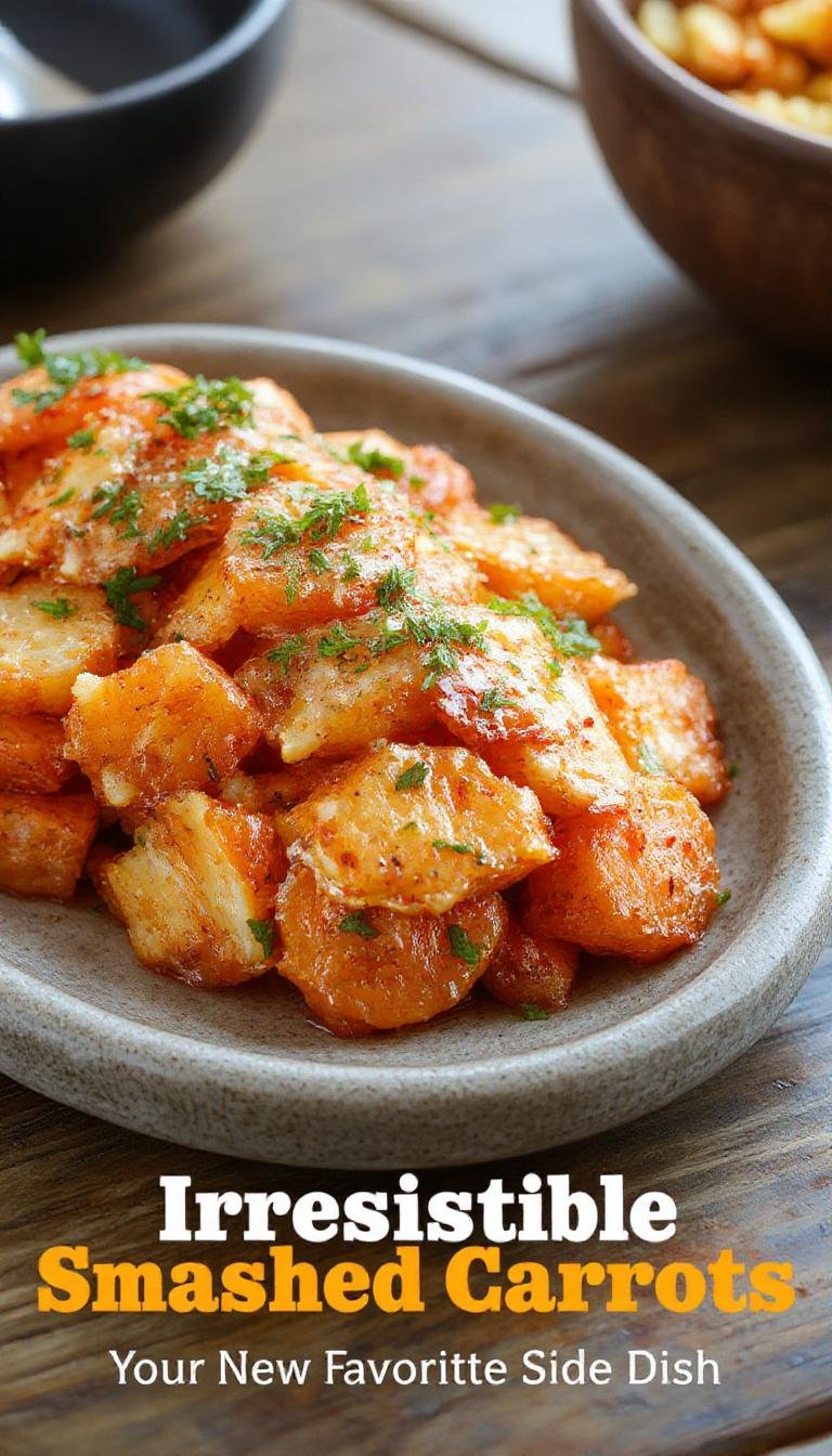 A close-up of vibrant orange smashed carrots arranged on a rustic white plate, garnished with fresh herbs, showcasing a mix of crispy edges and soft insides with a slightly caramelized surface, presented on a wooden table with scattered herbs and a drizzle of sauce.
