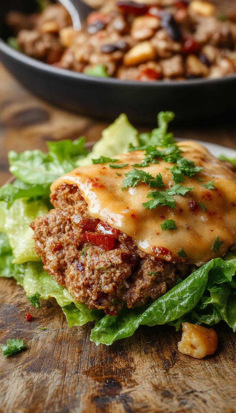 A rustic ceramic baking dish filled with golden-brown meatloaf slices garnished with fresh herbs, served alongside mashed potatoes and green beans on a white plate, with steam rising, creating a cozy, homestyle presentation.
