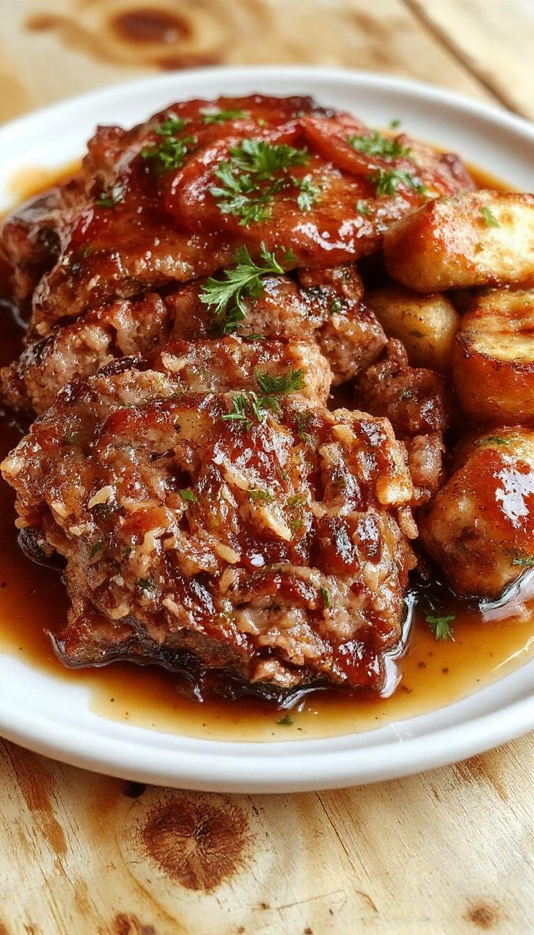 A golden-brown turkey meatloaf glazed with a shiny sauce, sliced to reveal a moist and tender interior with herbs and vegetables embedded. The meatloaf rests on a white plate, garnished with fresh parsley, with steam gently rising, highlighting its juicy texture and inviting appearance.