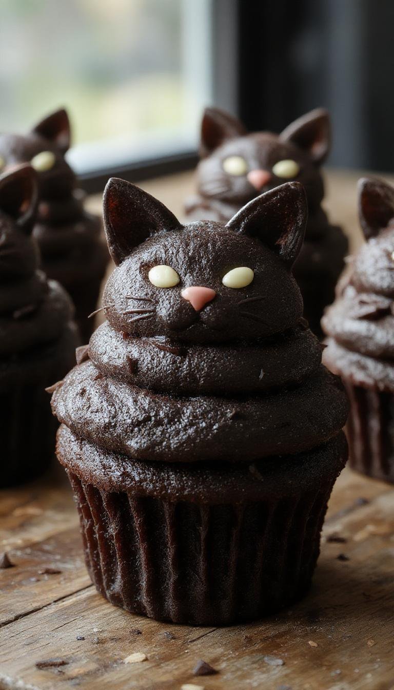 A pair of black cat-shaped cupcakes with glossy ganache eyes and tiny fondant ears, beautifully decorated on a white plate with a dark background, highlighting their sleek, shiny surface and detailed feline features.