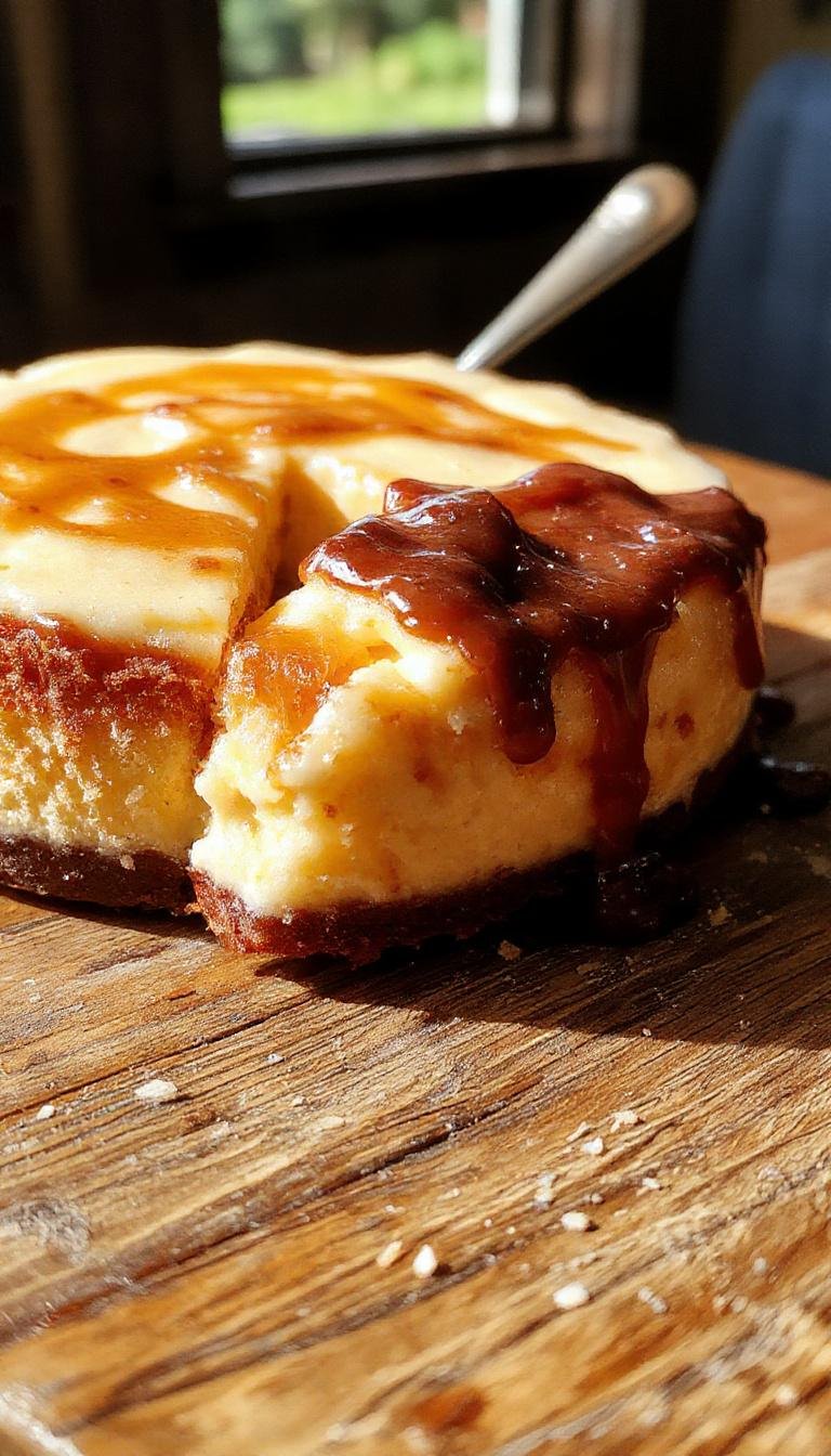 A luscious Butterbeer Cheesecake topped with a caramel drizzle and whipped cream, decorated with tiny golden stars and a cinnamon stick on the side. The cheesecake has a smooth, creamy texture with a golden-brown crust visible at the edges, styled on a rustic wooden platter with a sprinkle of ground cinnamon around it.