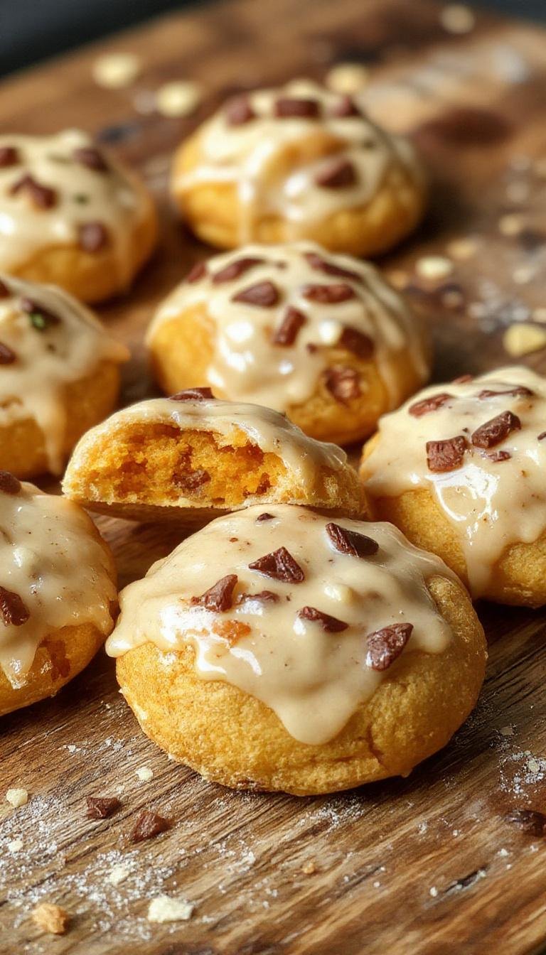 A close-up of golden-brown pumpkin pasties with flaky, slightly crispy crusts, filled with a vibrant orange pumpkin filling visible through a small opening, arranged on a rustic wooden platter with a sprinkle of powdered sugar and a few fresh pumpkin leaves in the background.