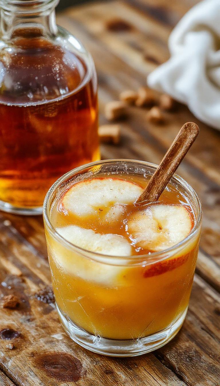 A steaming mug of Maple Bourbon Apple Cider garnished with a cinnamon stick and apple slices, showcasing a rich amber color and a frothy top, set against a rustic wooden table.