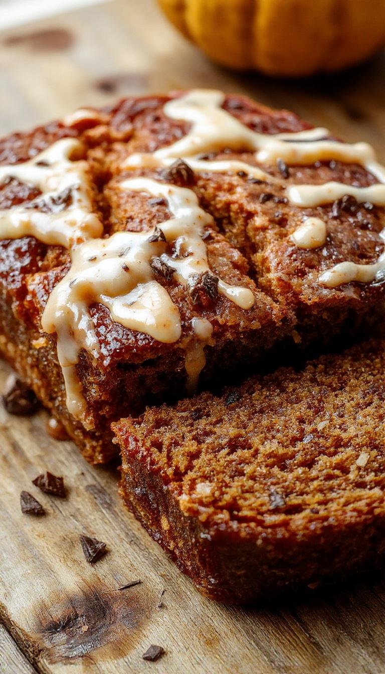 A slices of moist pumpkin bread glazed with shiny maple glaze, topped with a sprinkle of cinnamon and pumpkin seeds, arranged on a rustic wooden board with a cinnamon stick and autumn leaves in the background.