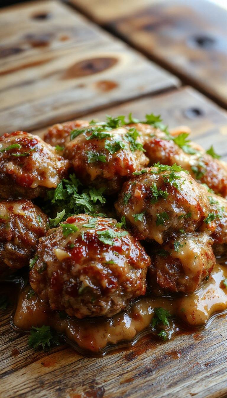 A close-up shot of a plate of golden-brown homemade meatballs arranged neatly on a white ceramic dish, garnished with fresh herbs and accompanied by a rich marinara sauce. The meatballs have a slightly crispy exterior and a juicy interior, beautifully presented with a drizzle of sauce and sprigs of parsley for color contrast.