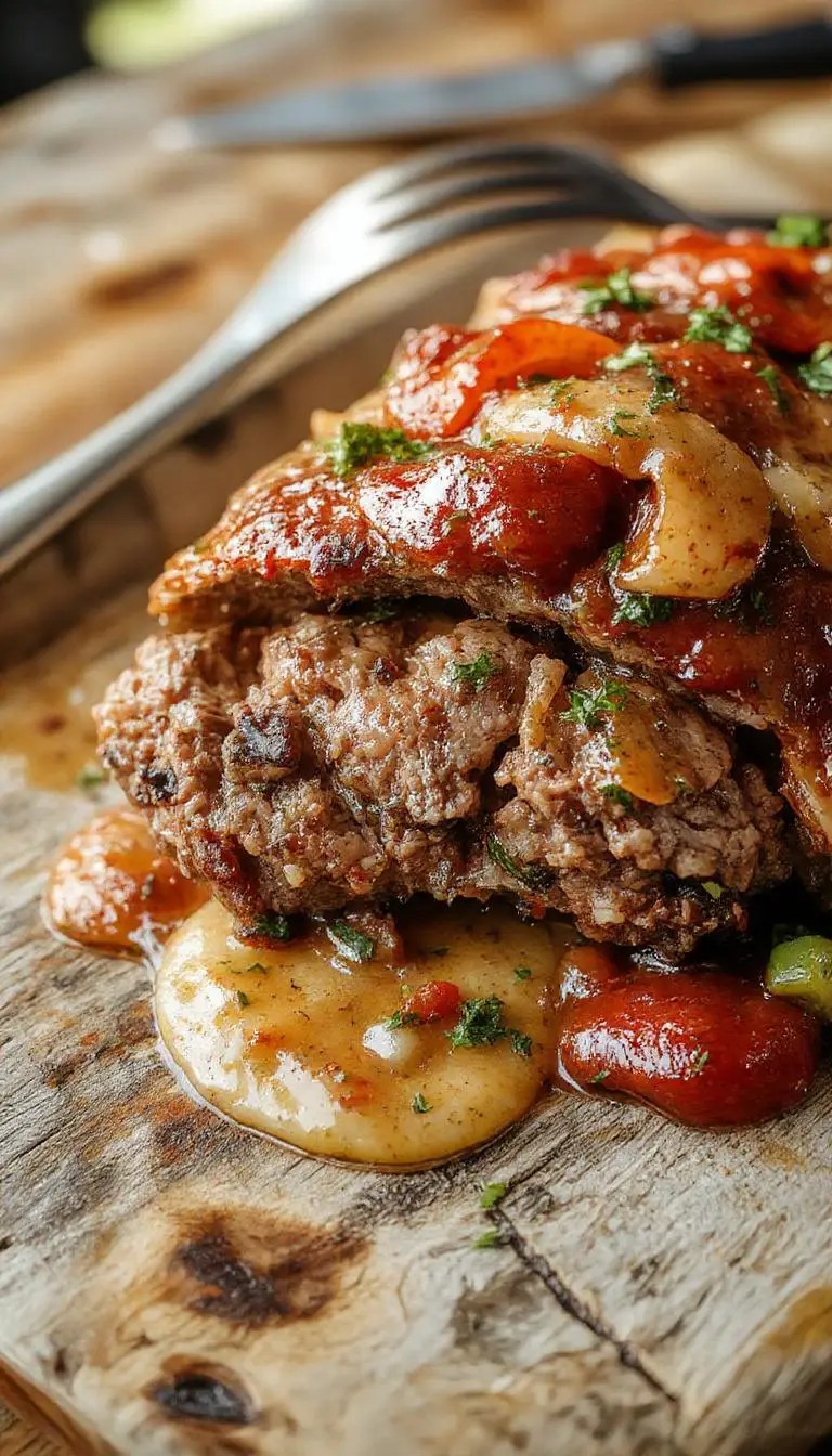 A perfectly sliced Million Dollar Meatloaf showcasing its moist, tender interior with a golden-brown crust. The slices reveal a rich, flavorful filling with herbs and spices, arranged on a rustic plate with fresh herbs garnish, emanating warmth and hearty comfort.