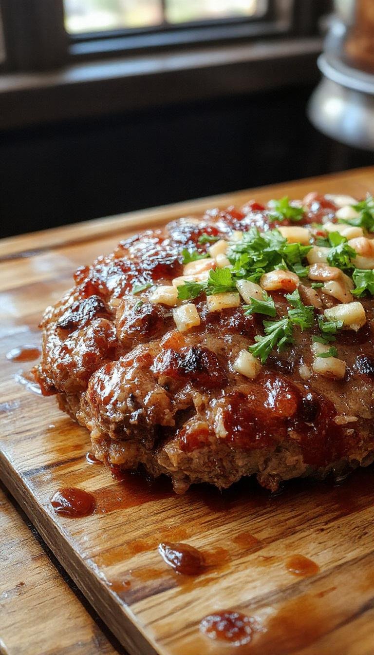 A perfectly sliced million dollar meatloaf with a golden-brown crust, showcasing a moist, tender interior studded with herbs and vegetables, plated on a rustic wooden board with fresh herbs and a side of mashed potatoes.