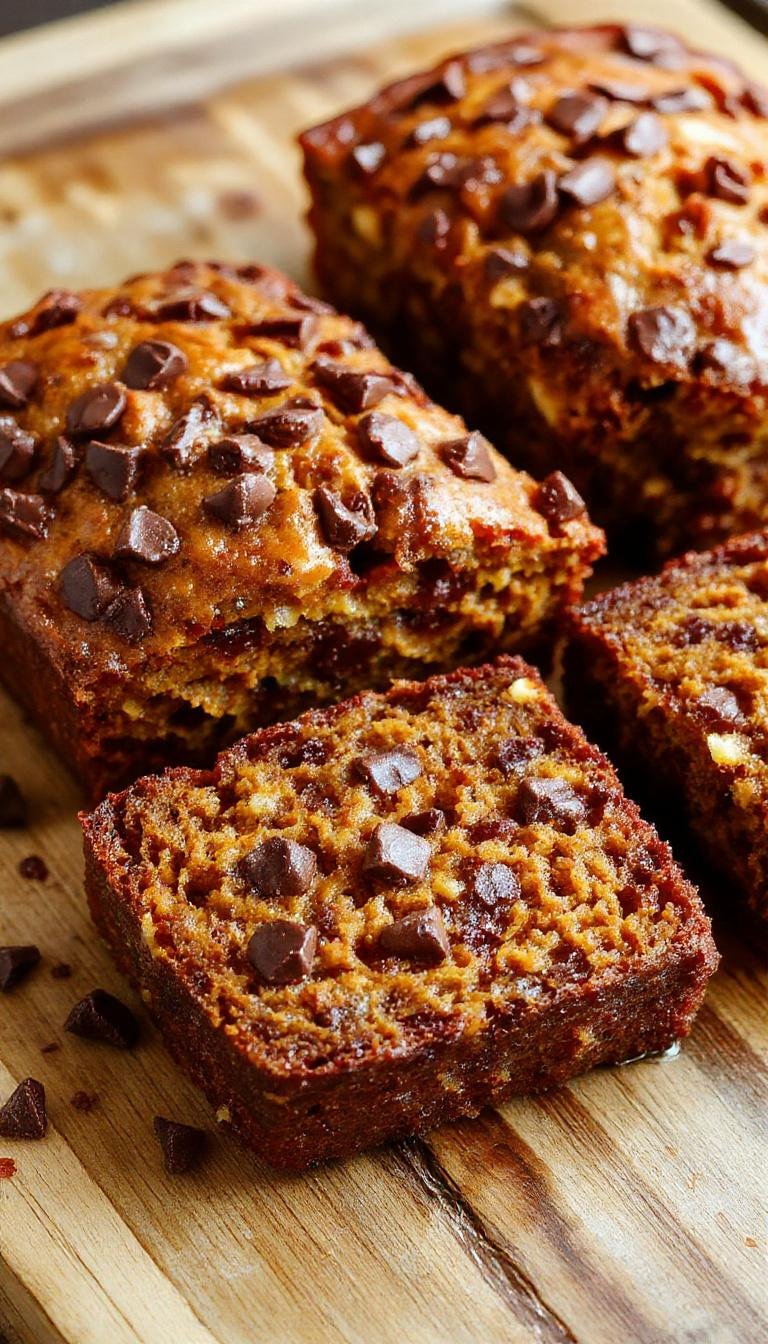 A sliced loaf of moist pumpkin zucchini bread with chocolate chips visible throughout, presented on a rustic wooden platter. The bread has a golden-brown crust and a tender, moist crumb with chocolate chips slightly melted inside. Fresh zucchini and pumpkin chunks are subtly visible within the slices, and the background features autumn-themed decor with fallen leaves and a pumpkin spice latte.