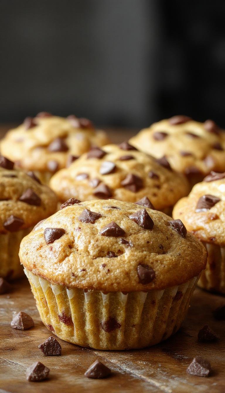 A close-up of moist pumpkin chocolate chip muffins arranged on a rustic wooden plate. The muffins have golden-brown tops with a slightly cracked surface, dotted with semi-sweet chocolate chips. The background features a cozy coffee shop setting with a blurred cup of coffee and a napkin, emphasizing the warm, inviting atmosphere. The muffins appear soft and fluffy, with subtle specks of pumpkin puree visible through the crumb.