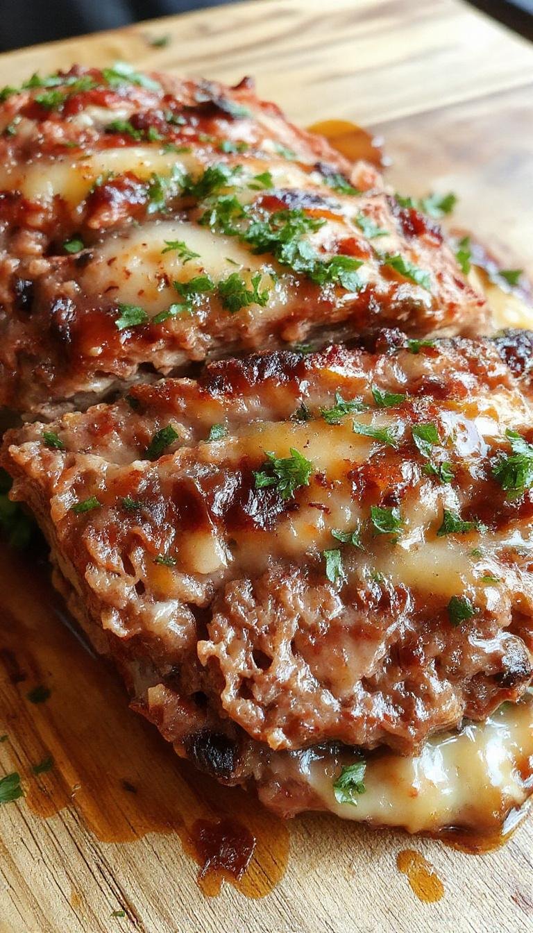 A sliced mushroom and Swiss cheese meatloaf on a white plate, showcasing a golden-brown crust with tender mushroom pieces and melted Swiss cheese oozing from the slices. Fresh herbs garnish the dish, enhancing its rustic appeal.