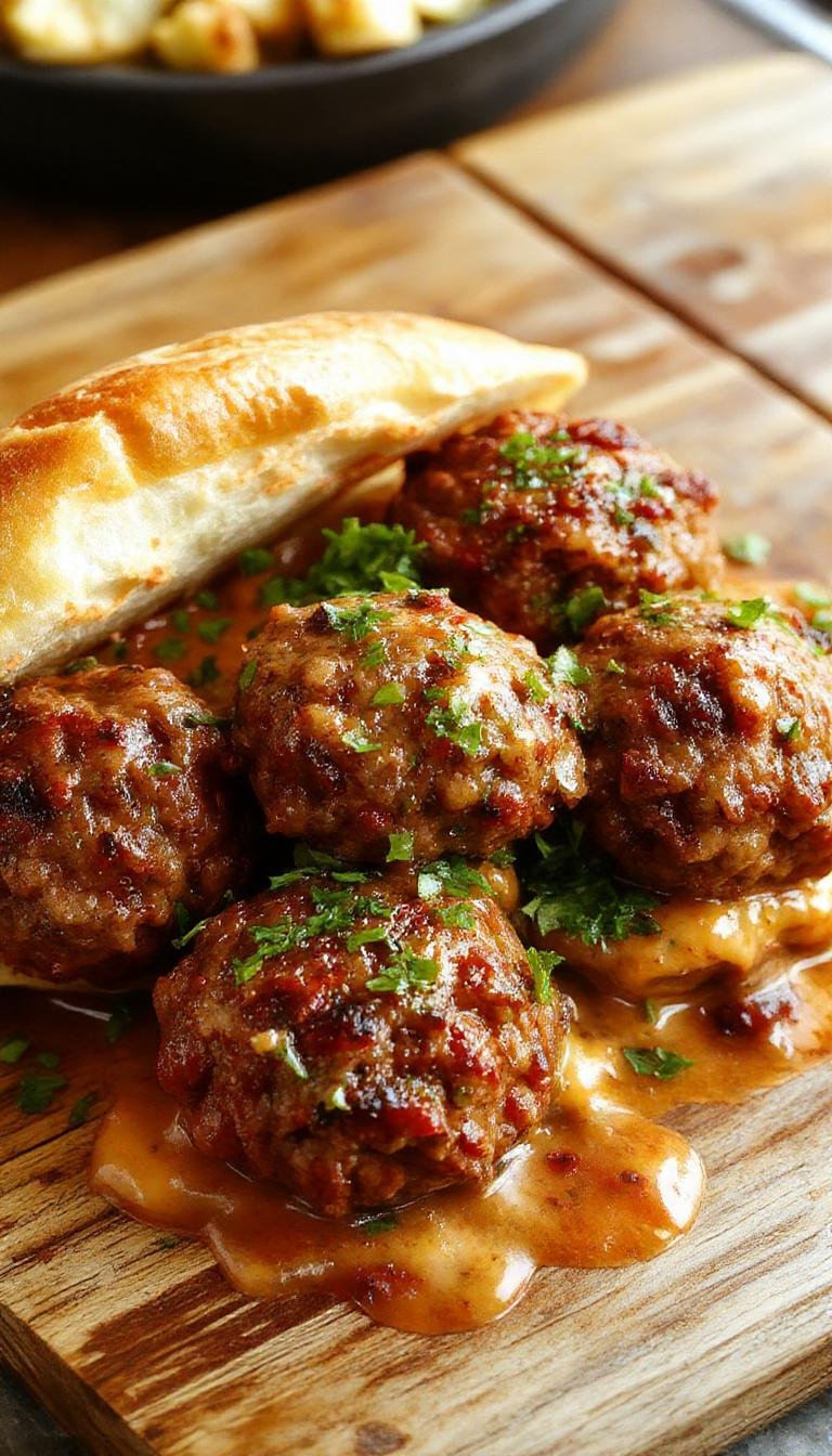 A close-up of perfectly round, juicy ground beef meatballs arranged on a rustic ceramic plate. The meatballs are golden-brown with a slightly crispy exterior, garnished with fresh herbs and served atop a bed of rich tomato sauce. The surface showcases a tender, moist interior visible through a slight crack, emphasizing their succulence and texture.