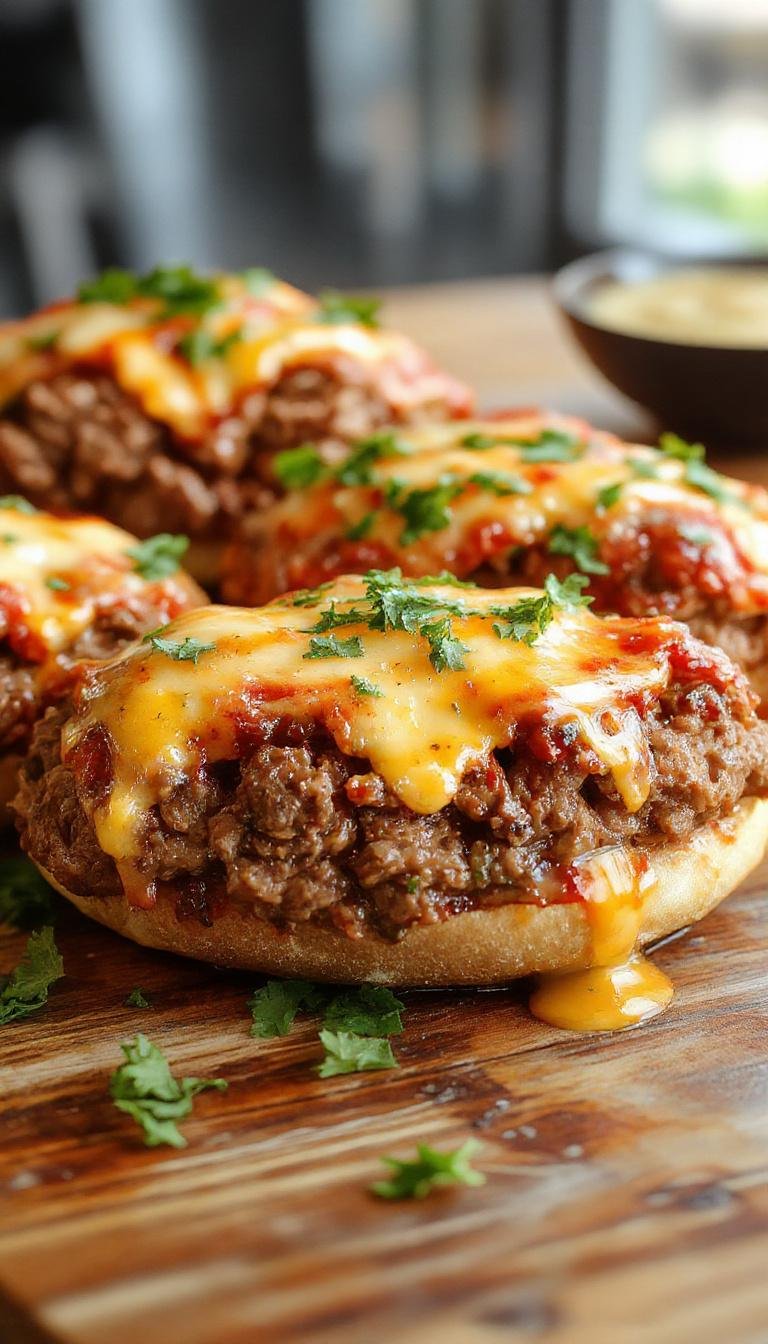 A slice of Philly Cheesesteak Meatloaf showcasing a golden-brown crust, tender interior with melted cheese, green peppers, and caramelized onions visible, garnished with fresh herbs on a rustic wooden cutting board.