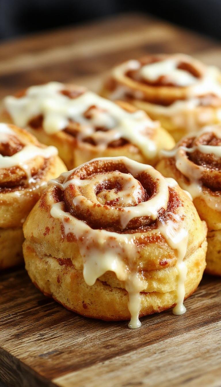 A close-up of fluffy pumpkin cinnamon rolls glazed with shiny cream cheese frosting, arranged on a rustic wooden platter with a sprinkle of cinnamon and pumpkin seeds, showcasing their soft, swirled texture and inviting appearance.
