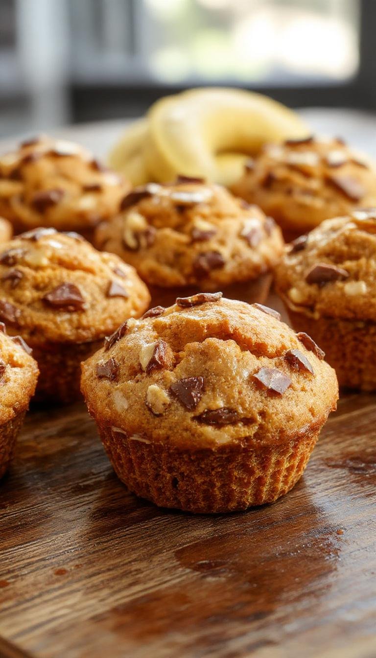 A close-up of golden-brown pumpkin banana muffins arranged on a rustic wooden platter, some topped with a sprinkle of cinnamon and a few banana slices as garnish. The muffins have a slightly cracked top revealing a moist, fluffy interior, with the warm, inviting tones of autumn. In the background, a soft focus shows a bowl of mashed bananas and a pumpkin, hinting at the ingredients used.