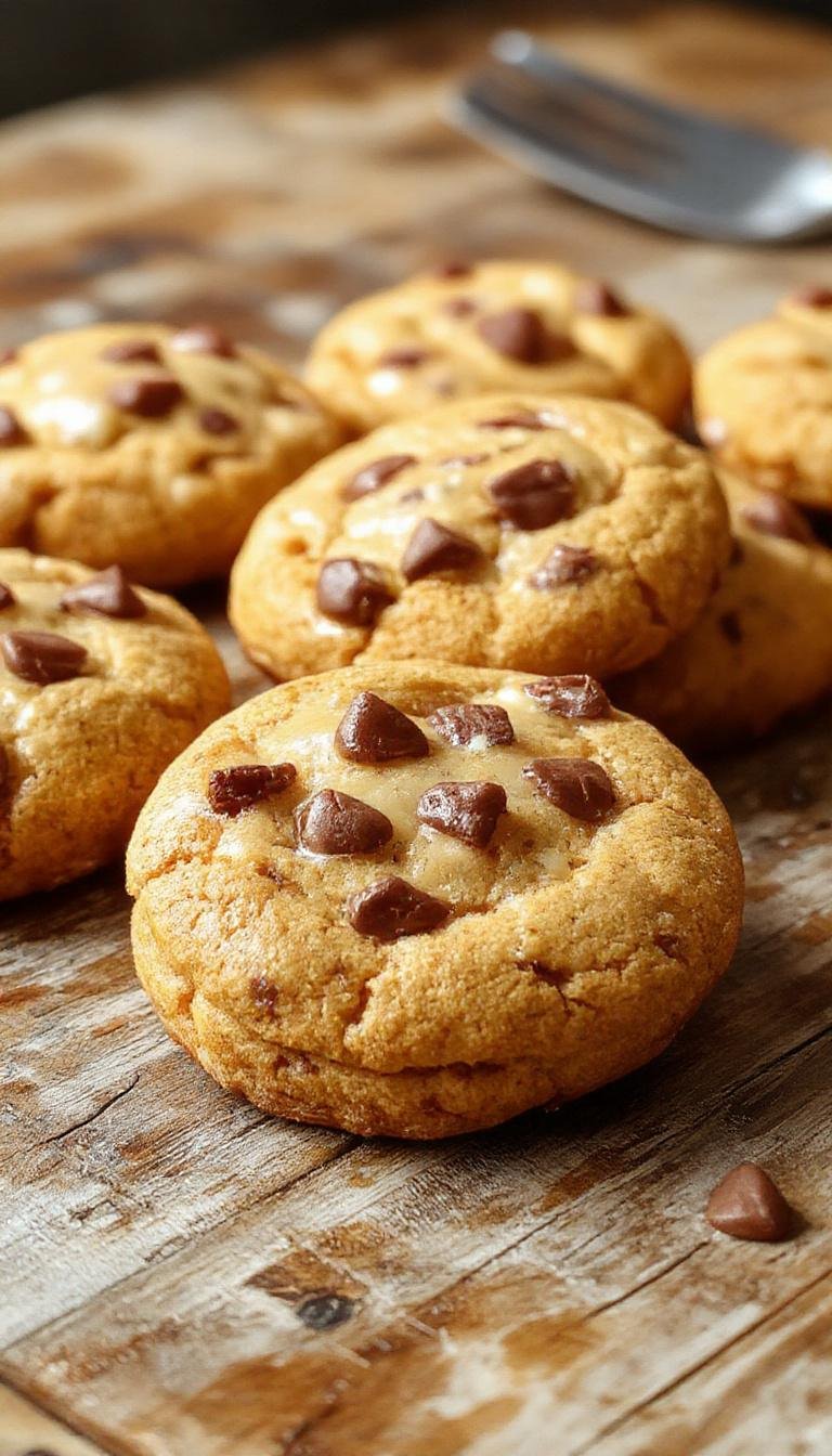 A close-up of pumpkin cheesecake cookies arranged on a rustic wooden platter, showcasing their golden-brown tops with swirls of cream cheese filling peeking through. The cookies have a soft, moist texture with a slightly cracked surface, garnished with a light dusting of cinnamon. In the background, there are small bowls of cinnamon and nutmeg, along with a halved pumpkin for seasonal ambiance.