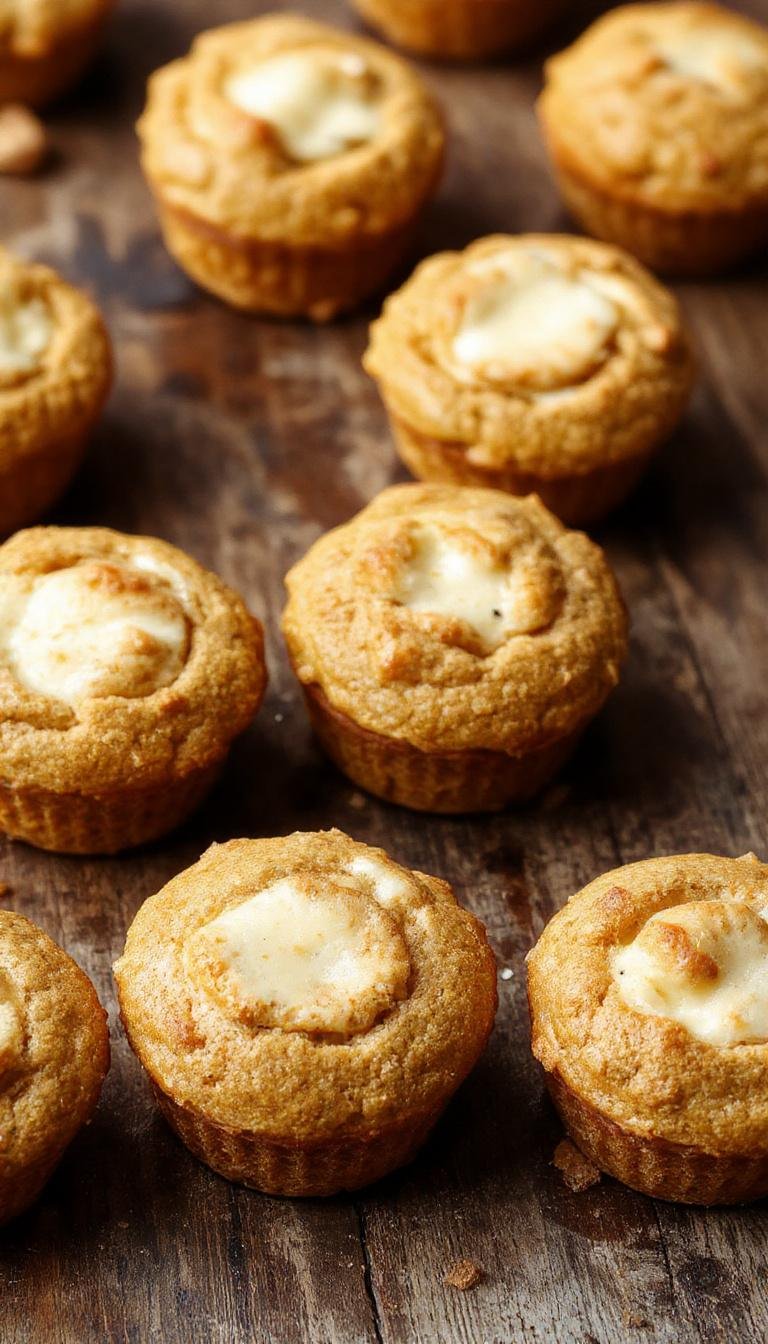 A batch of golden-brown pumpkin cheesecake muffins sitting in a rustic muffin tin, topped with swirls of cream cheese glaze and a sprinkle of cinnamon, with a few muffins slightly pulled apart revealing creamy, spiced pumpkin filling inside.