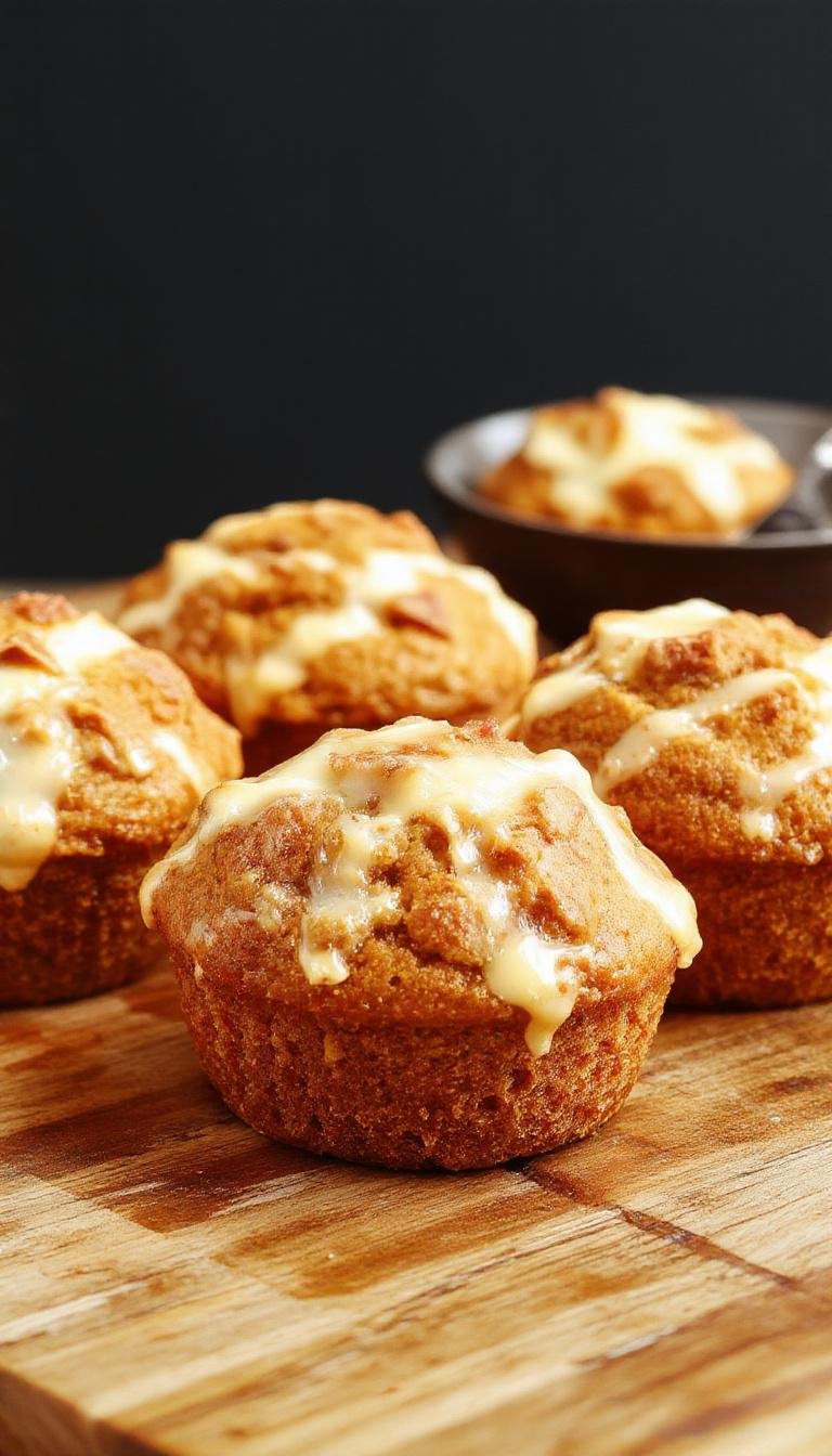 A batch of golden-brown pumpkin cheesecake muffins with swirls of cream cheese filling visible on top, arranged on a rustic wooden tray, with some muffins slightly cracked and textured, garnished with a sprinkle of cinnamon.