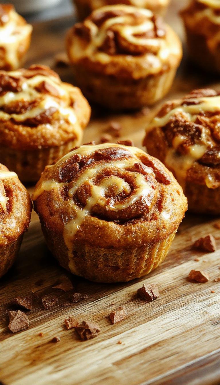 A close-up of a batch of golden pumpkin cinnamon roll muffins arranged on a white plate. The muffins have swirled cinnamon and pumpkin filling visible on top, with a light crumbly texture and crispy edges. Some muffins are topped with a drizzle of icing, highlighting their rich and moist interior, and the background features a rustic wooden table with a hint of autumn decor.