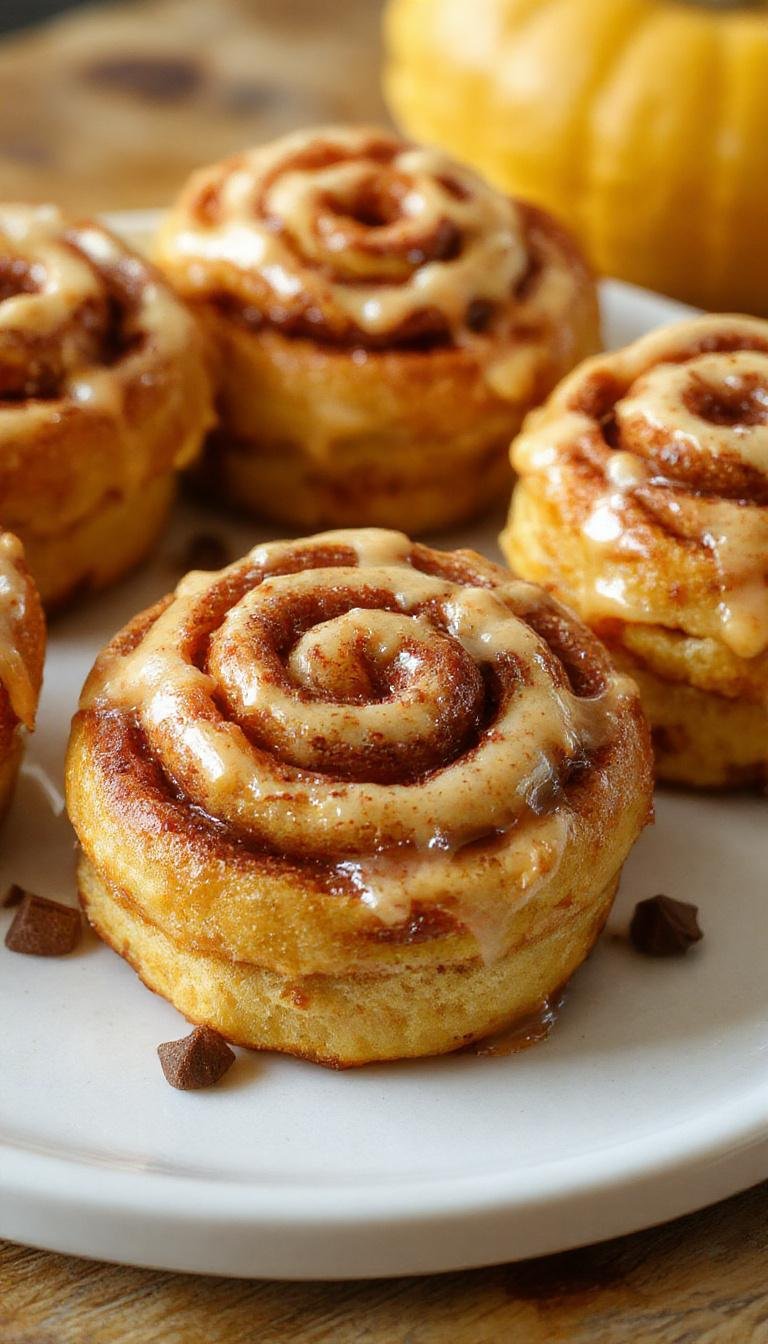 A close-up of a freshly baked pumpkin cinnamon roll topped with a generous swirl of creamy icing, showcasing its soft, fluffy texture and warm orange hue. The roll is placed on a rustic wooden serving board, with a sprinkle of cinnamon and bits of pumpkin visible on the surface, inviting a cozy, autumnal vibe.
