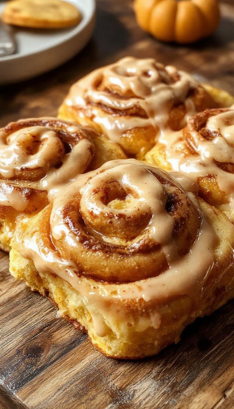A close-up of freshly baked pumpkin cinnamon rolls topped with a swirl of rich coffee maple frosting, arranged neatly on a rustic wooden platter. The warm golden-brown rolls have a glossy glaze, with a hint of cinnamon and pumpkin visible in the swirls. The frosting drips slightly down the sides, adding a creamy texture contrast to the soft, flaky pastry, set against a cozy fall-themed background with autumn leaves.