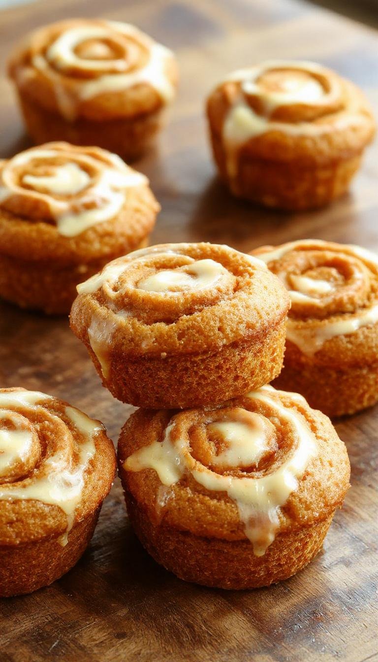 A close-up of a freshly baked pumpkin cream cheese swirl muffin, showcasing a golden-brown crust with a creamy white swirl pattern on top, topped with a light dusting of cinnamon. The muffin sits in a rustic muffin liner, revealing a moist interior with visible pumpkin and cream cheese streaks.