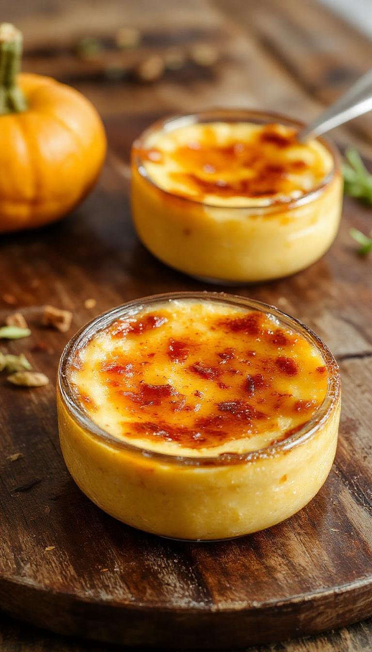 A ramekin of Pumpkin Crème Brûlée topped with a caramelized sugar crust, garnished with a sprinkle of cinnamon and a small pumpkin spice garnish, the smooth custard's orange hue contrasting with the glossy caramelized surface.