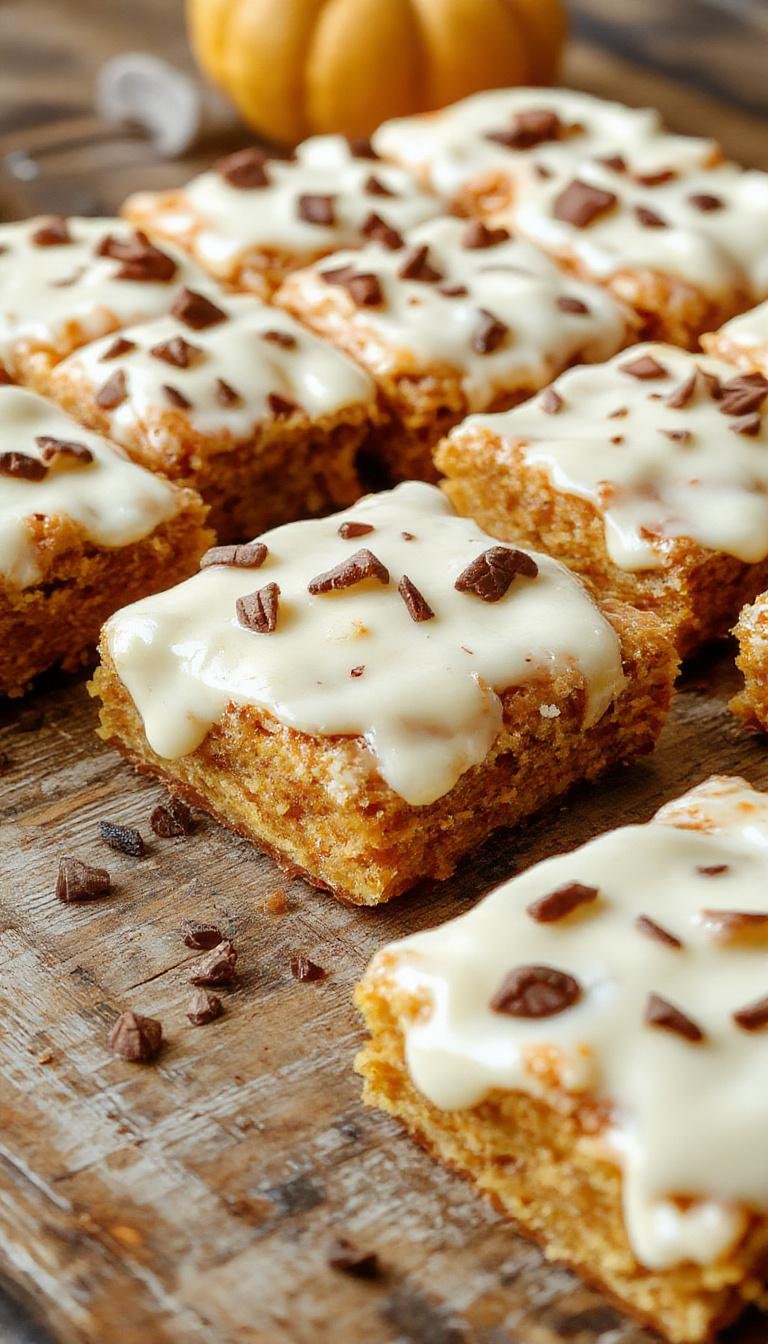 A close-up of square pumpkin bars topped with a thick layer of smooth cream cheese frosting, garnished with a sprinkle of cinnamon and chopped pecans. The bars have a golden-orange hue with a slightly textured surface and creamy white icing contrasting against the warm tones, beautifully arranged on a rustic wooden platter.