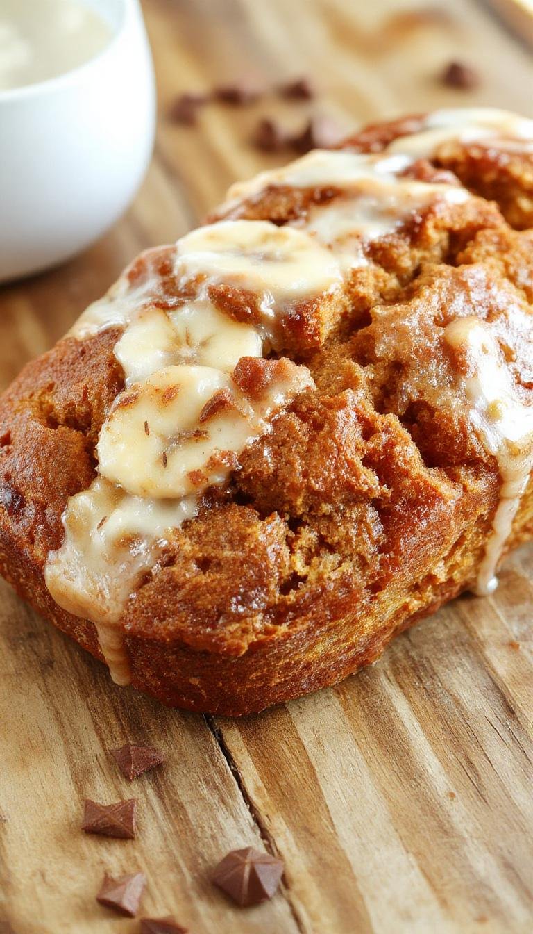 A slice of pumpkin spice banana bread on a rustic wooden plate, showing a moist, dense crumb with swirls of cinnamon and pumpkin spices, topped with a light dusting of powdered sugar. The background features a warm, autumn-inspired setting with cinnamon sticks and a small bowl of pumpkin puree nearby.