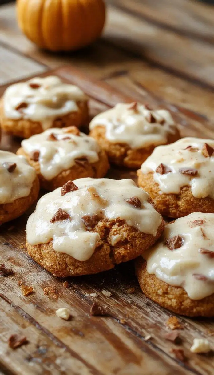 A plate of soft pumpkin cookies topped with creamy cinnamon frosting, arranged on a rustic wooden surface with scattered cinnamon sticks and autumn leaves in the background. The cookies are golden-brown with a slightly cracked surface, with the frosting generously swirled on top, creating a cozy fall presentation.