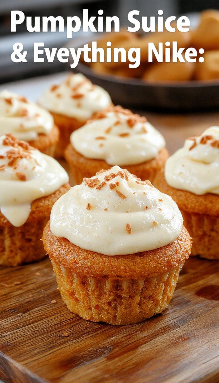 A close-up of two fluffy pumpkin cupcakes topped with smooth cream cheese frosting, decorated with a sprinkle of cinnamon and a small pumpkin-shaped candy. The cupcakes are presented on a rustic wooden surface with a few cinnamon sticks and pumpkin seeds in the background, highlighting warm autumn colors and inviting textures.