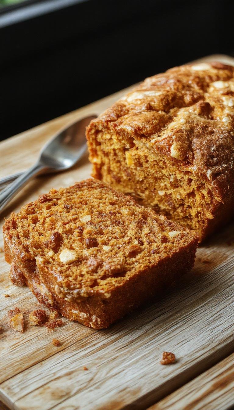 A golden-brown loaf of Pumpkin Streusel Bread sits on a rustic wooden table, topped with a crunchy streusel crumble and a drizzle of glaze. Sliced pieces reveal a moist, orange pumpkin-infused crumb, with a topping of cinnamon streusel and bits of walnuts visible. The background includes a cozy kitchen setting with fall-themed decorations and natural lighting highlighting the textured surface of the bread.
