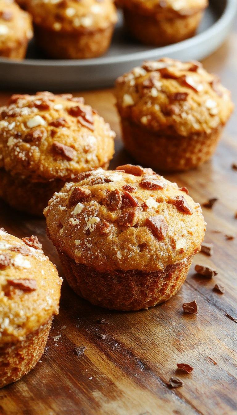 A close-up of golden-brown pumpkin streusel muffins arranged on a rustic wooden platter, topped with crumbly streusel and a hint of cinnamon. The muffins have a moist texture with visible pumpkin chunks and a crunchy streusel topping, inviting autumnal warmth.