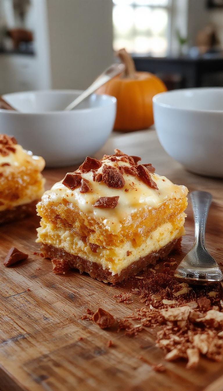 A close-up of a layered pumpkin tiramisu in a clear glass dish, showcasing creamy orange pumpkin-flavored mascarpone layers topped with a dusting of cocoa powder and a sprinkle of cinnamon. The dessert is garnished with a small sprig of mint and visible ladyfinger biscuits soaked in coffee, creating an inviting, autumnal presentation.