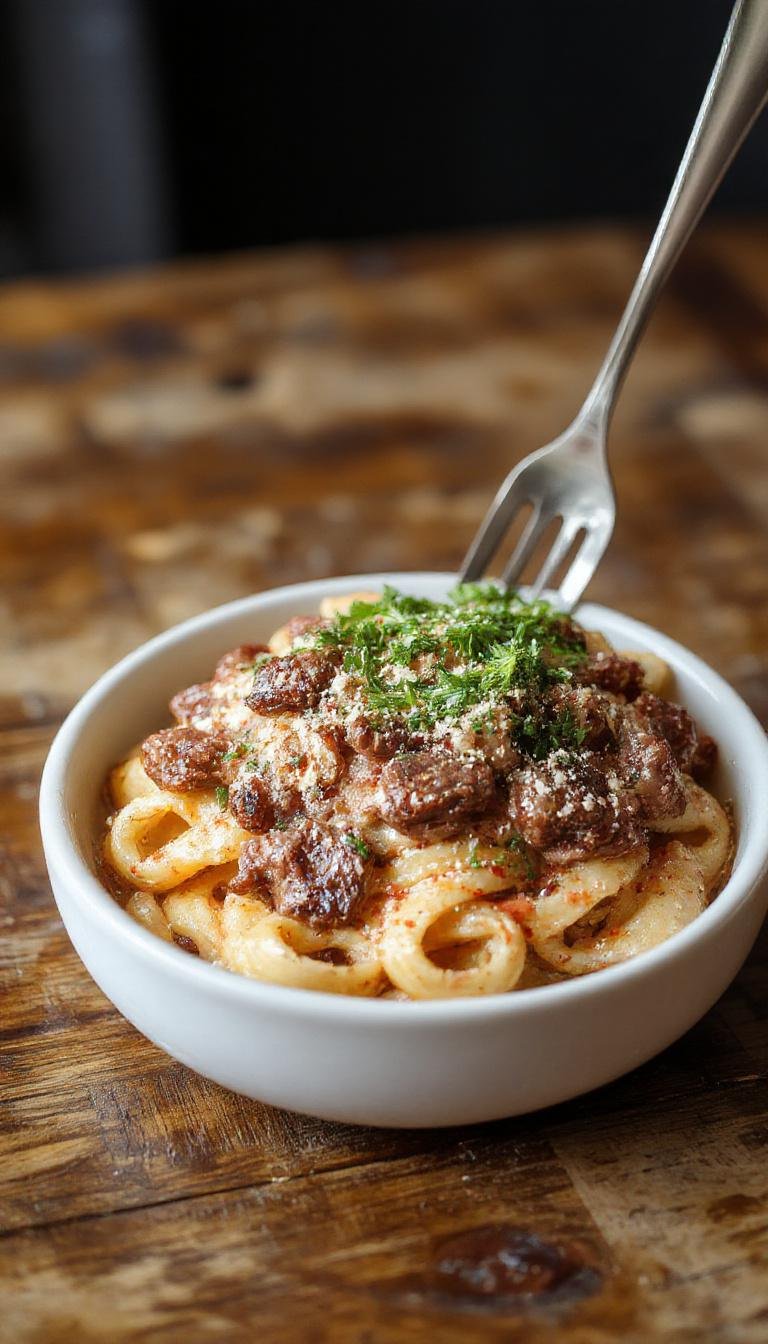 A close-up of a creamy beef pasta dish served on a white plate, featuring tender beef strips coated in a rich, smooth sauce, garnished with fresh herbs and grated cheese. The pasta is perfectly cooked, with a glossy, velvety texture contrasted by the hearty beef pieces, all presented in an inviting and appetizing manner.