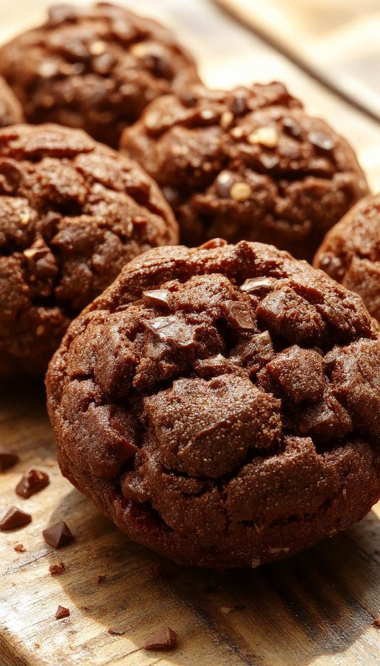 A set of golden-brown chocolate biscuits arranged on a rustic wooden platter, with some broken to reveal a gooey chocolate center, garnished with a dusting of powdered sugar and a few cocoa powder sprinkles, all presented on a textured fabric background.