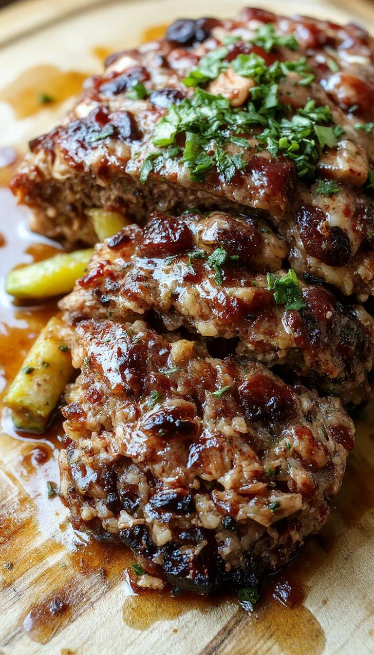 A golden-brown meatloaf sliced to reveal a moist, flavorful interior. It’s plated on a rustic wooden table with a side of fresh green vegetables and glazed with a savory sauce. The surface is slightly crispy, with visible herbs and breadcrumbs, and steam gently rises from the cut slice.