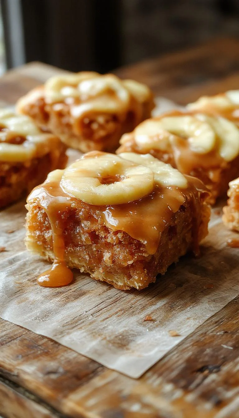 A close-up of golden-brown salted caramel apple bars topped with a drizzle of caramel sauce and sprinkled sea salt. The bars reveal a layered appearance with a crumbly crust, tender apple filling, and glossy caramel topping, all neatly sliced and arranged on a rustic wooden serving board with a few apple slices beside them.