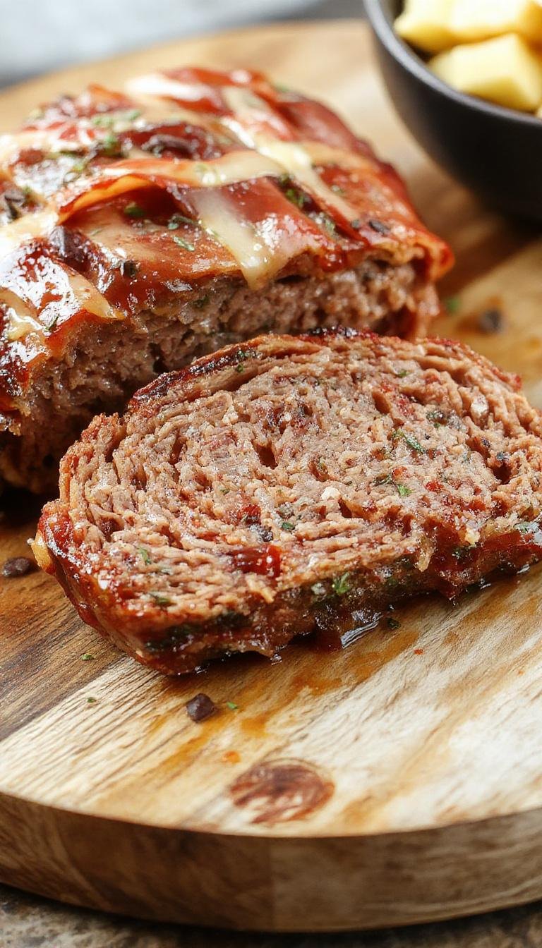 A golden-brown, savory meatloaf wrapped in crispy bacon strips, sliced to reveal a moist, hearty interior. The meatloaf is plated on a rustic wooden board with fresh herbs garnishing it, with a side of roasted vegetables in the background.
