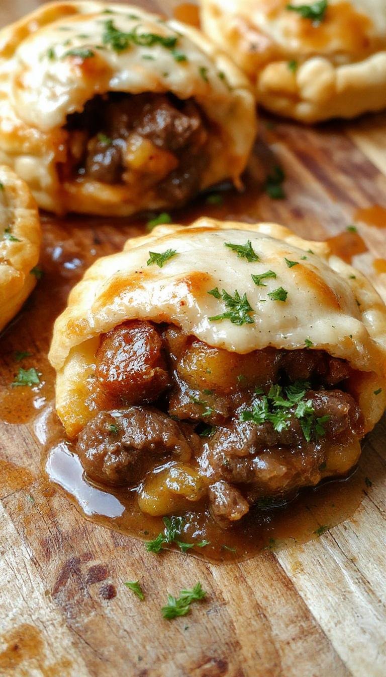 A golden-brown flaky hand pie with a crispy crust, cut open to reveal tender beef stew filling with chunks of carrots and peas, steam gently rising, presented on a rustic wooden surface with fresh herbs around.