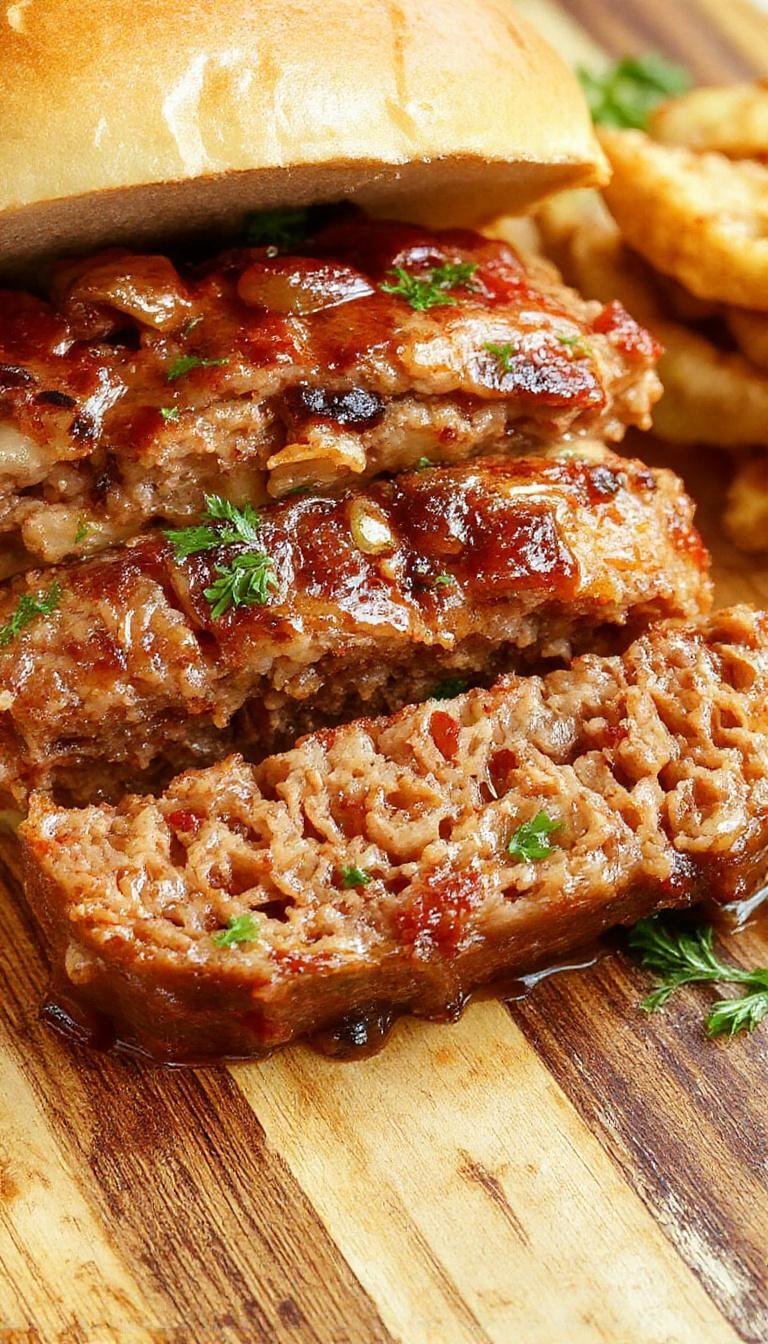 A hearty slice of French Onion Meatloaf served on a rustic plate, topped with caramelized onions and a drizzle of gravy. The meatloaf has a golden-brown crust with visible layers of melted cheese and tender onions inside. Garnished with fresh herbs, the dish looks inviting and flavorful.
