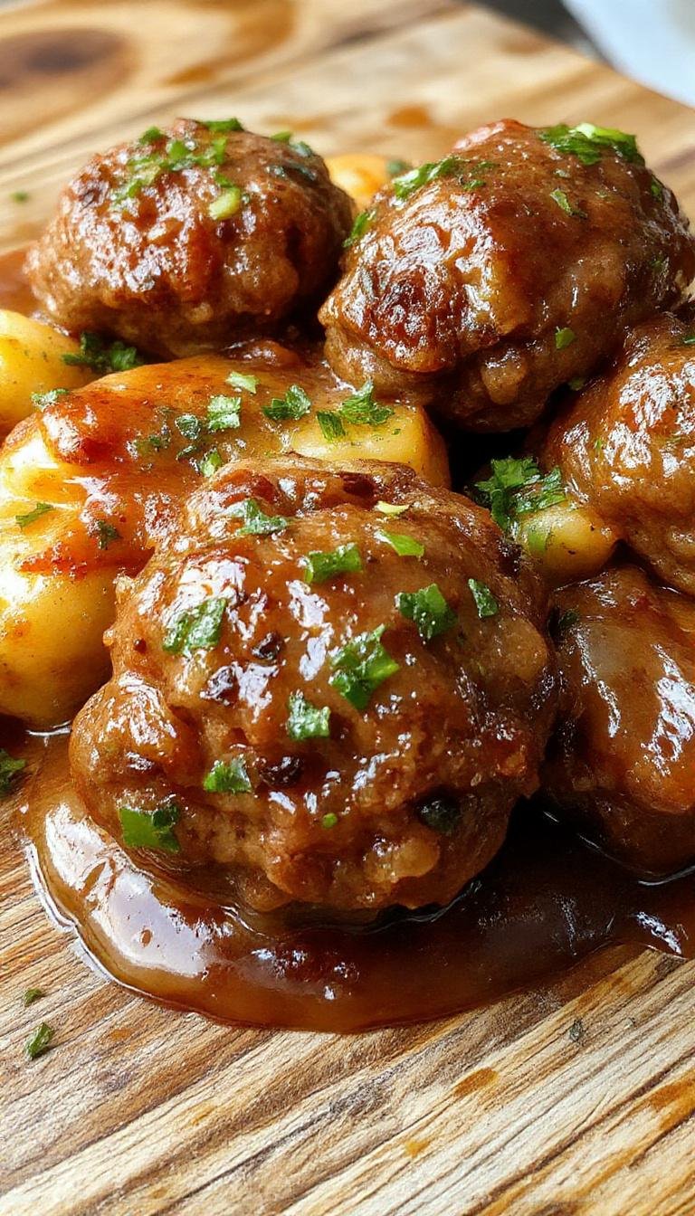A close-up of golden-brown savory Salisbury steak meatballs arranged neatly on a white plate, topped with a rich brown gravy and garnished with fresh parsley, accompanied by a side of mashed potatoes and steamed vegetables. The meatballs have a crispy exterior with visible herbs and spices, and the gravy glistens under warm lighting.