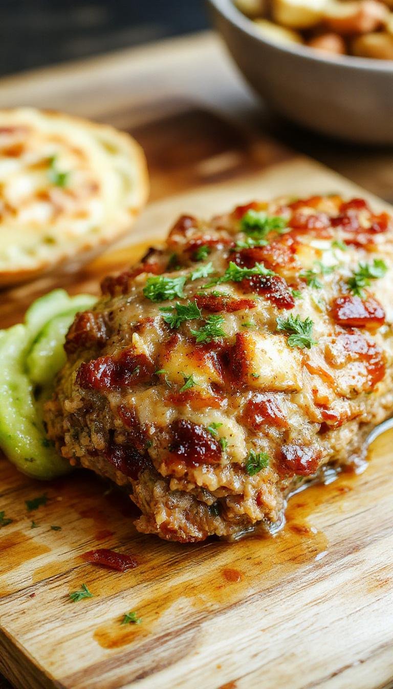 A golden-brown savory turkey stuffing meatloaf sliced to reveal a moist, tender interior filled with hearty stuffing mixture, garnished with fresh herbs, presented on a rustic white plate with a fork and knife nearby.