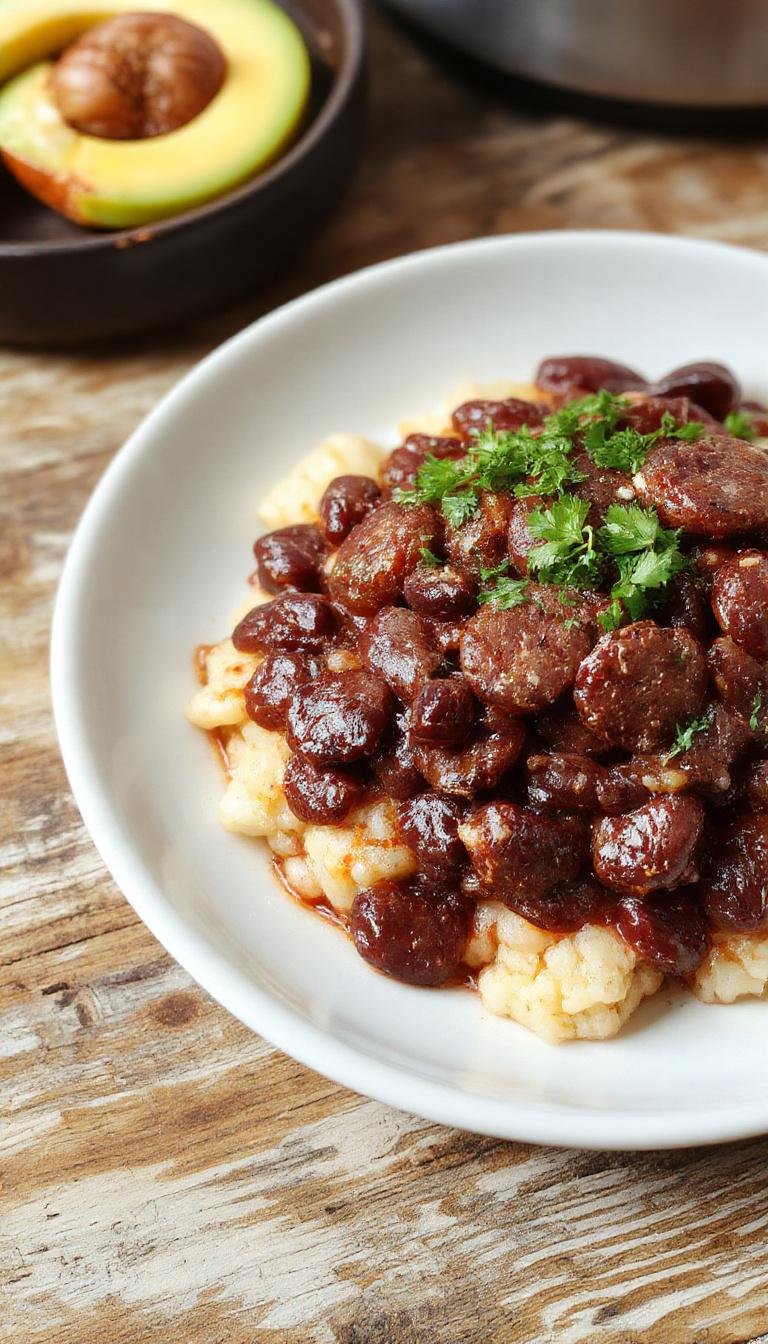 A close-up of a rustic bowl filled with black beans and rice topped with slices of cooked sausage, garnished with chopped cilantro and a wedge of lime. The rice is fluffy, contrasted with the glossy black beans and perfectly browned sausage slices, creating a colorful and inviting dish.