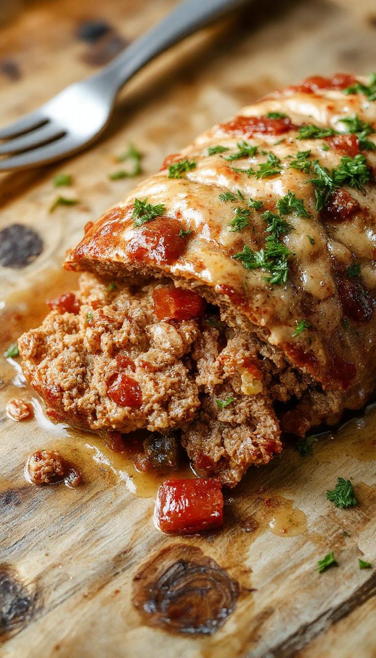 A slice of juicy turkey meatloaf on a rustic wooden plate, topped with a glossy glaze and garnished with fresh herbs. The meatloaf shows a moist interior with finely chopped vegetables visible, and the slice reveals a tender, crumbly texture. The background features a soft-focus setting with warm lighting, emphasizing the comforting, homemade appeal of the dish.